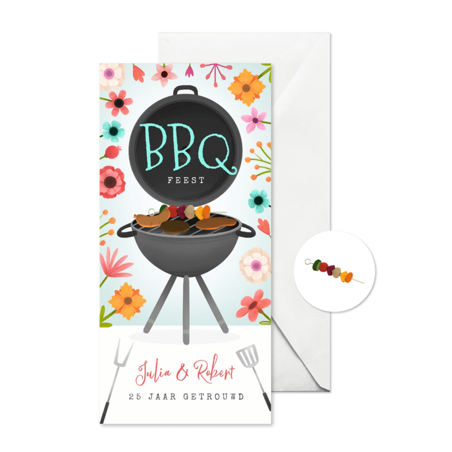 BBQ tuinfeest uitnodiging bloemen zomer feestje - Kaartimpressie