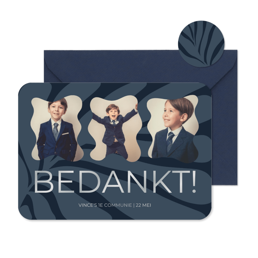 Bedankkaart abstracte takjes blauw met zilverfolie - Kaartimpressie