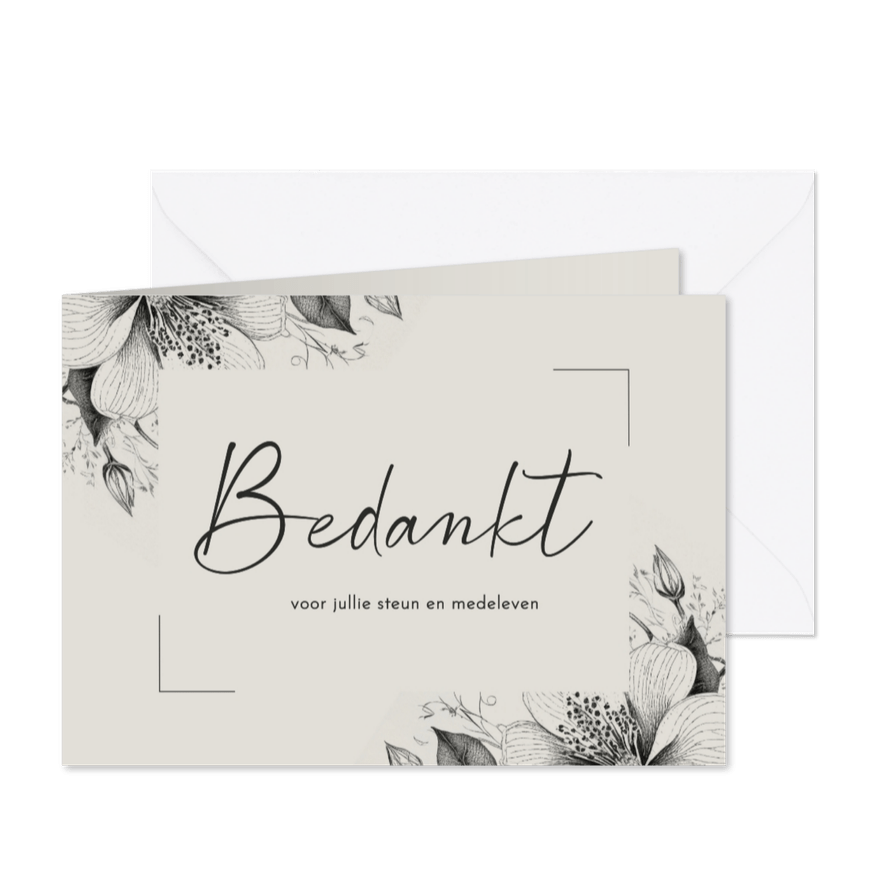 Bedankkaart beige grijs met vintage bloemen en kader - Kaartimpressie