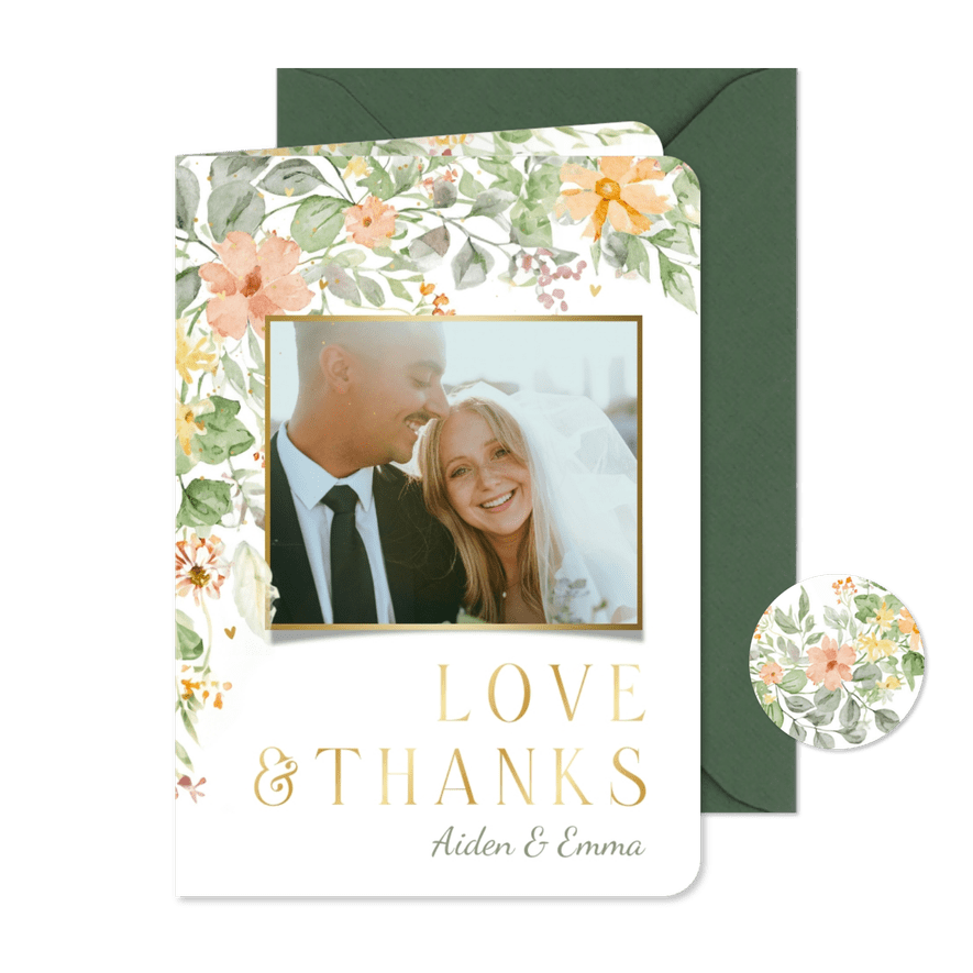 Bedankkaart bloemen in de hoek romantisch goudfolie trouwen - Kaartimpressie