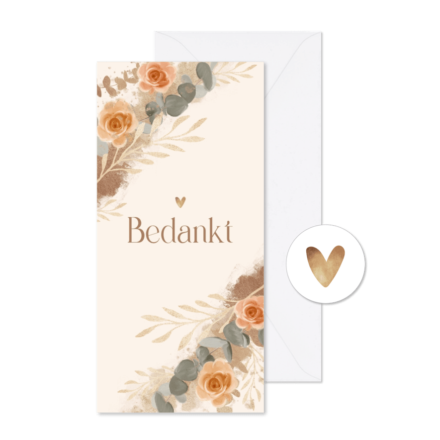Bedankkaart bloemen stijlvol beige goud - Kaartimpressie