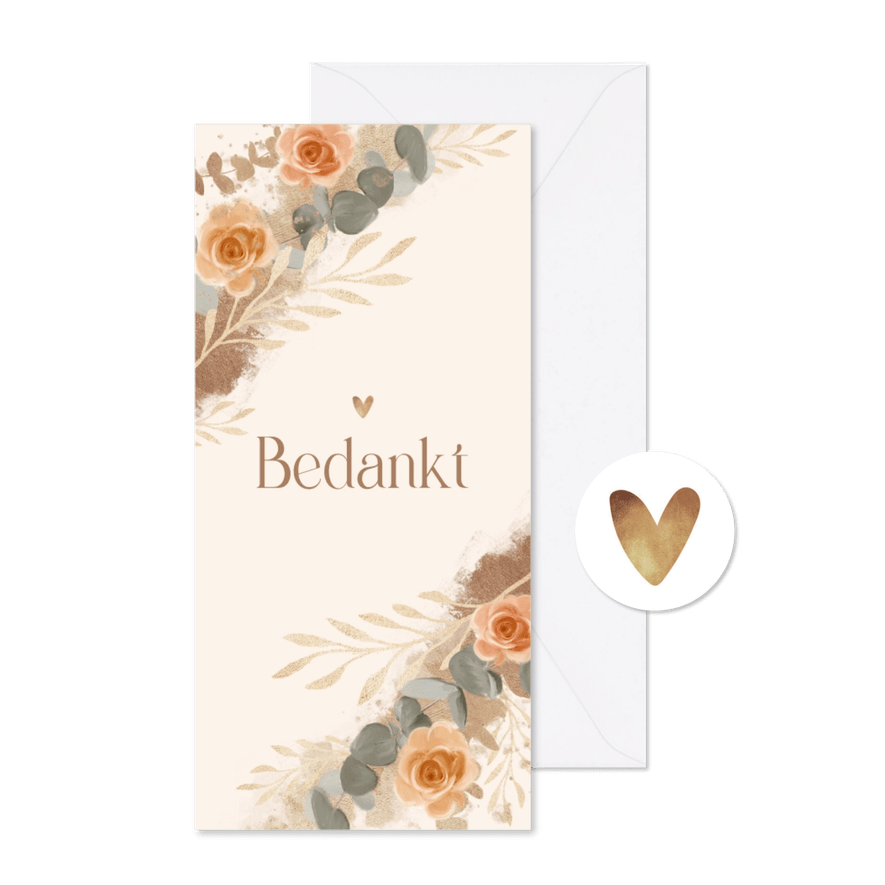 Bedankkaart bloemen stijlvol beige goud - Kaartimpressie