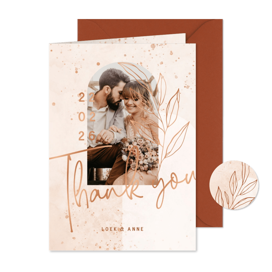 Bedankkaart bohemian lichtroze met koper en foto - Kaartimpressie