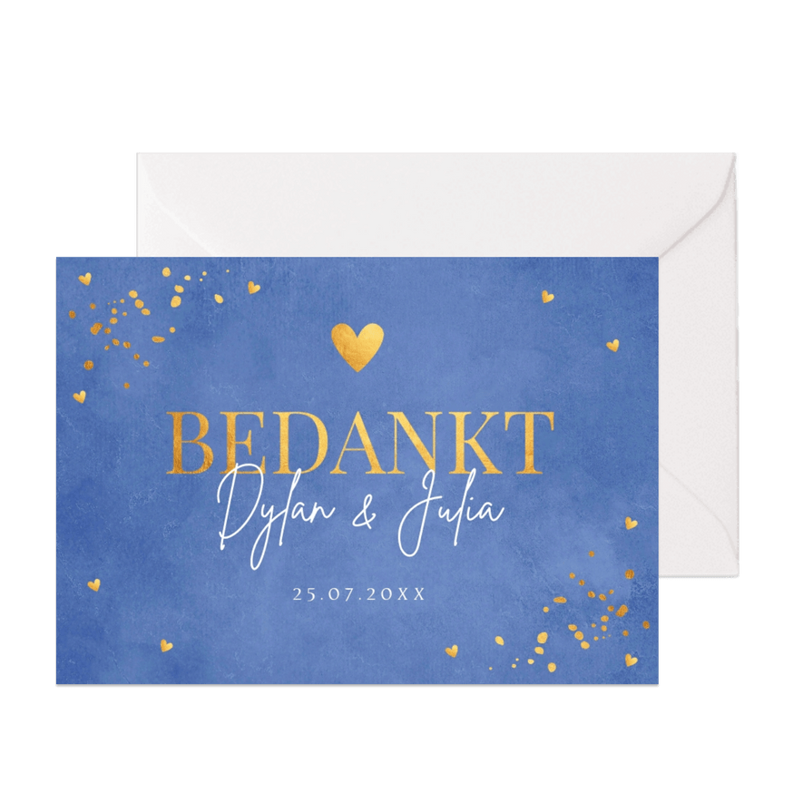 Bedankkaart bruiloft blauw goudlook confetti hartje - Kaartimpressie