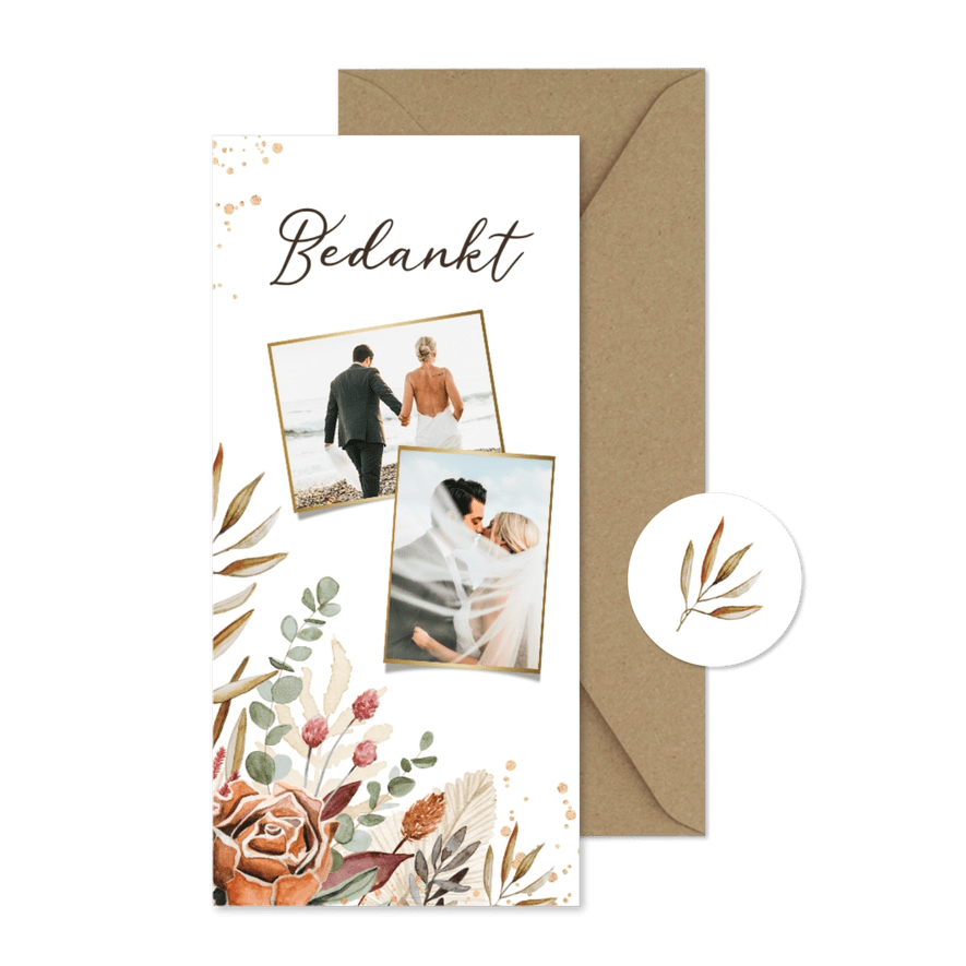 Bedankkaart bruiloft Bohemian stijlvol droogbloemen foto's - Kaartimpressie