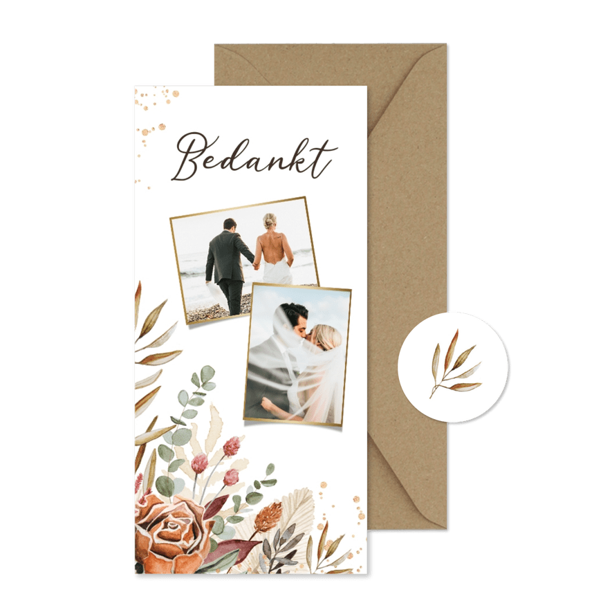 Bedankkaart bruiloft Bohemian stijlvol droogbloemen foto's - Kaartimpressie