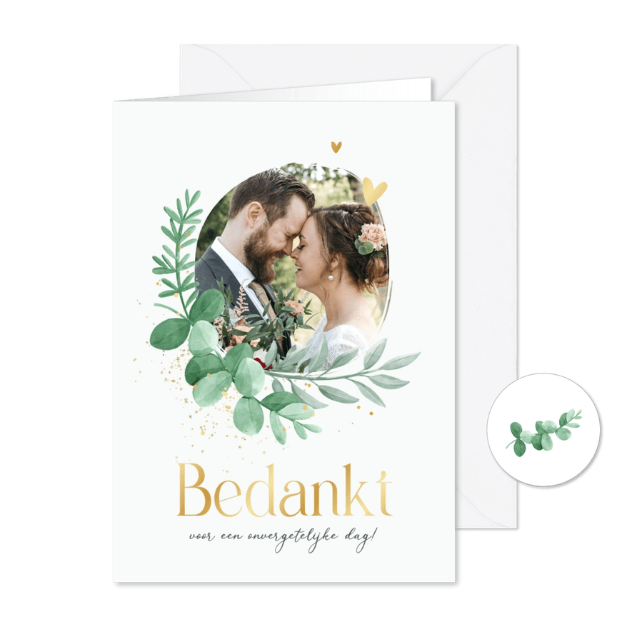 Bedankkaart bruiloft botanisch eucalyptus foto goud - Kaartimpressie