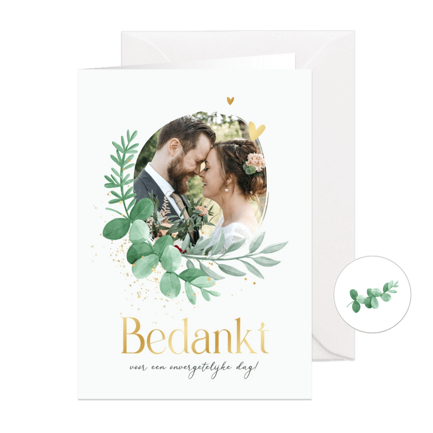 Bedankkaart bruiloft botanisch eucalyptus foto goud - Kaartimpressie