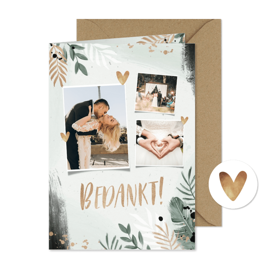 Bedankkaart bruiloft botanisch goud waterverf foto - Kaartimpressie