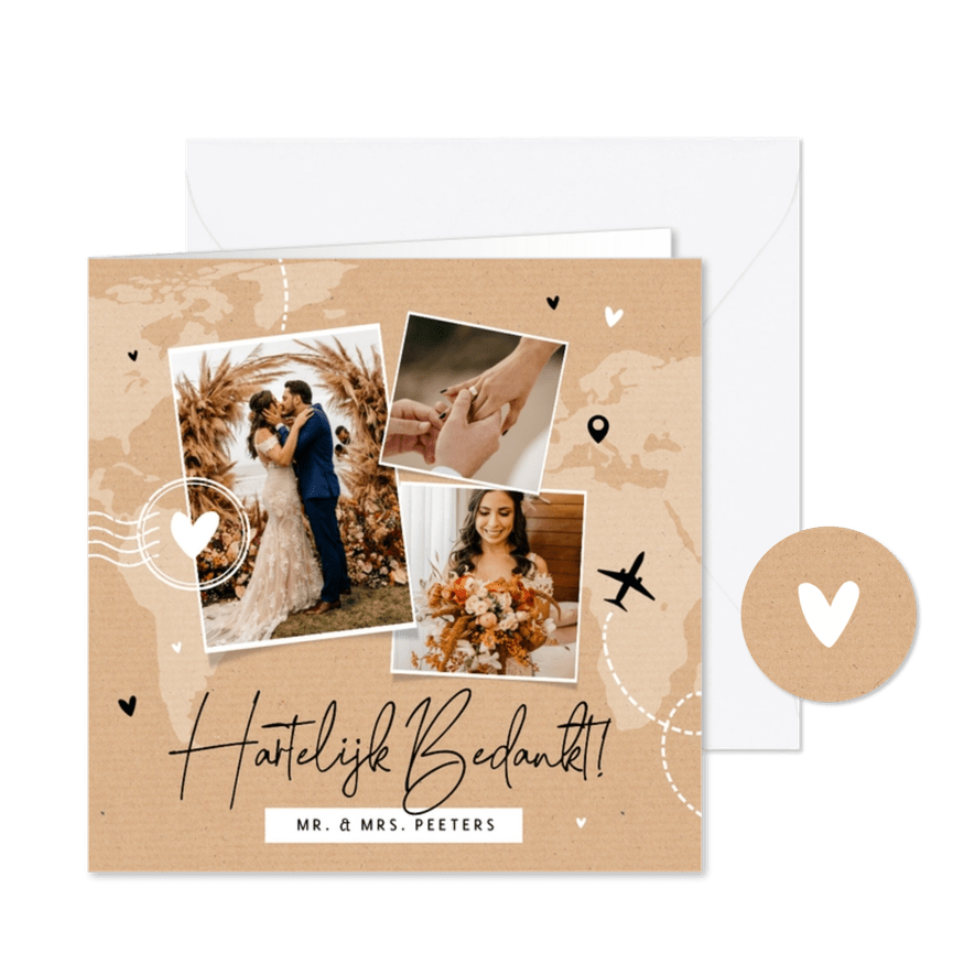 Bedankkaart bruiloft buitenland fotocollage kraft reizen - Kaartimpressie