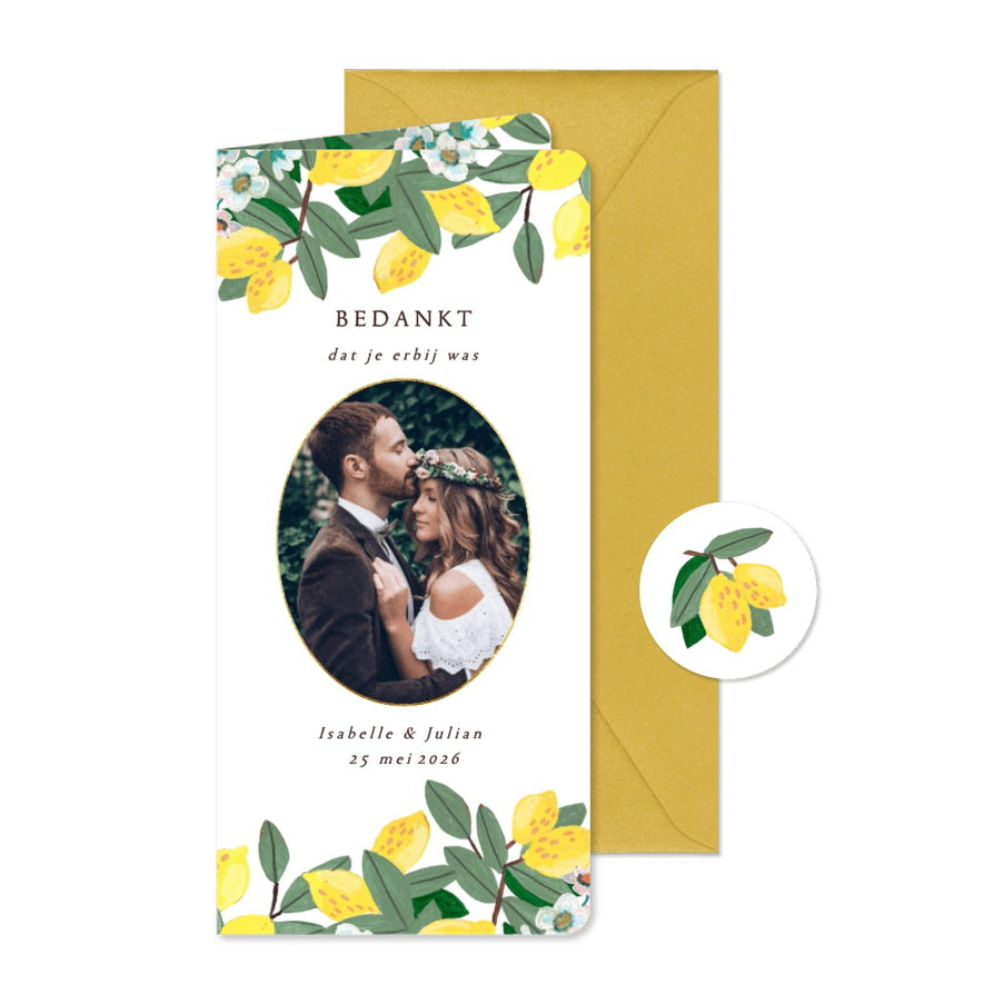 Bedankkaart bruiloft citroenen en bloemen - Kaartimpressie