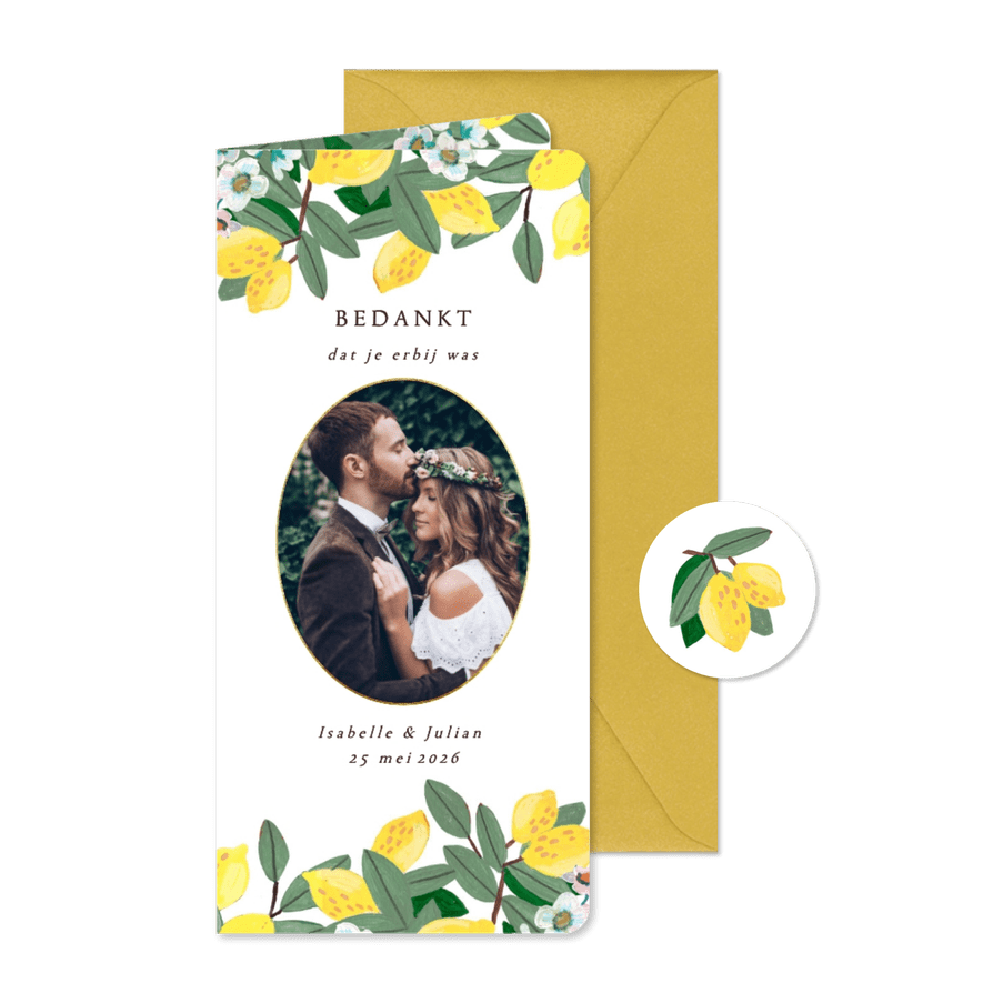 Bedankkaart bruiloft citroenen en bloemen - Kaartimpressie