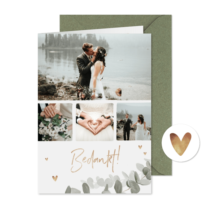 Bedankkaart bruiloft eucalyptus gouden hartjes foto's - Kaartimpressie