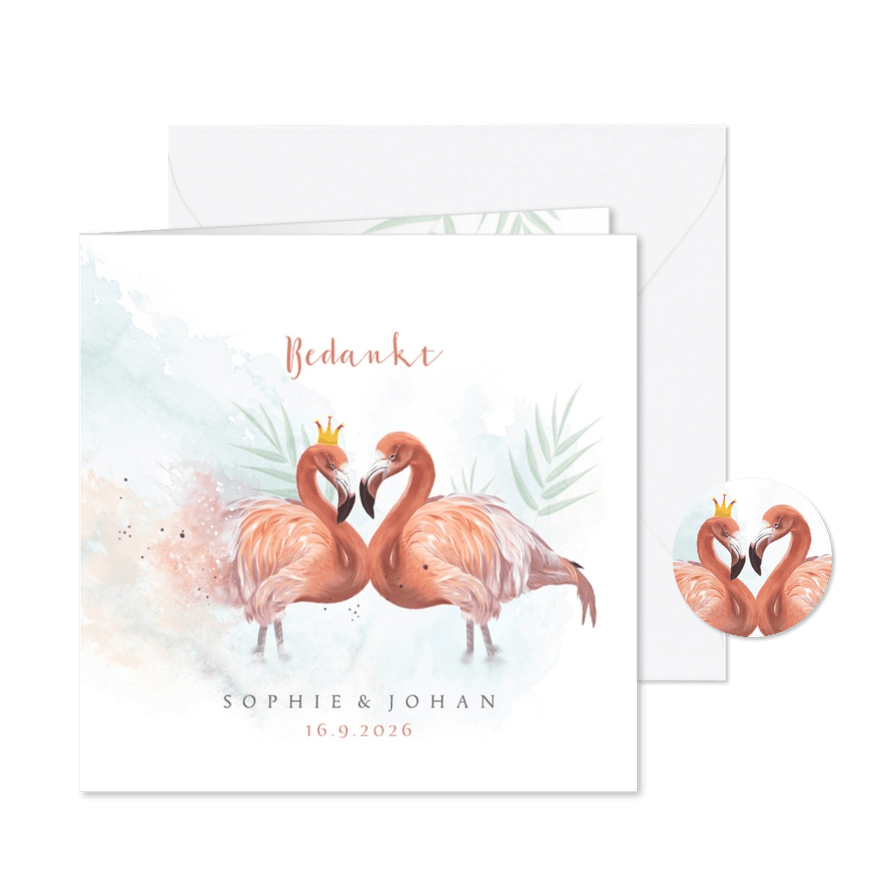 Bedankkaart bruiloft flamingo met kroontje - Kaartimpressie