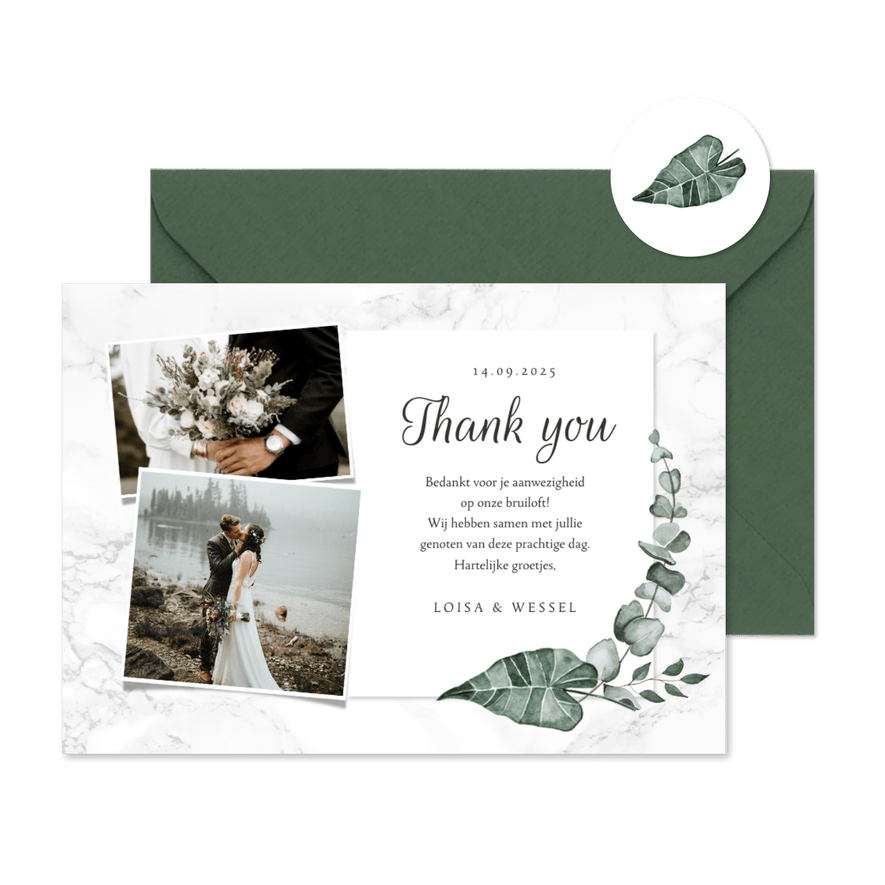 Bedankkaart bruiloft marmer stijlvol klassiek eucalyptus - Kaartimpressie
