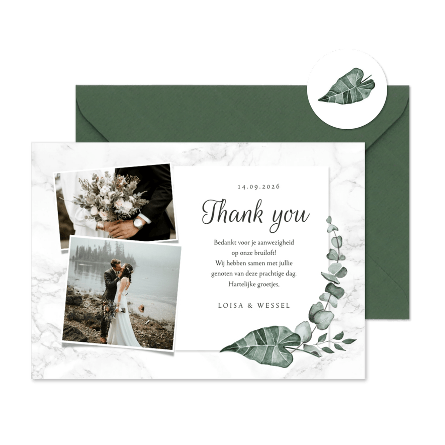 Bedankkaart bruiloft marmer stijlvol klassiek eucalyptus - Kaartimpressie