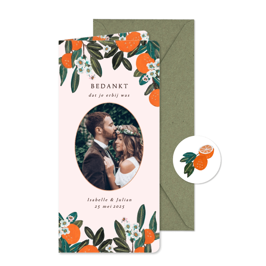 Bedankkaart bruiloft sinaasappels en bloemen - Kaartimpressie