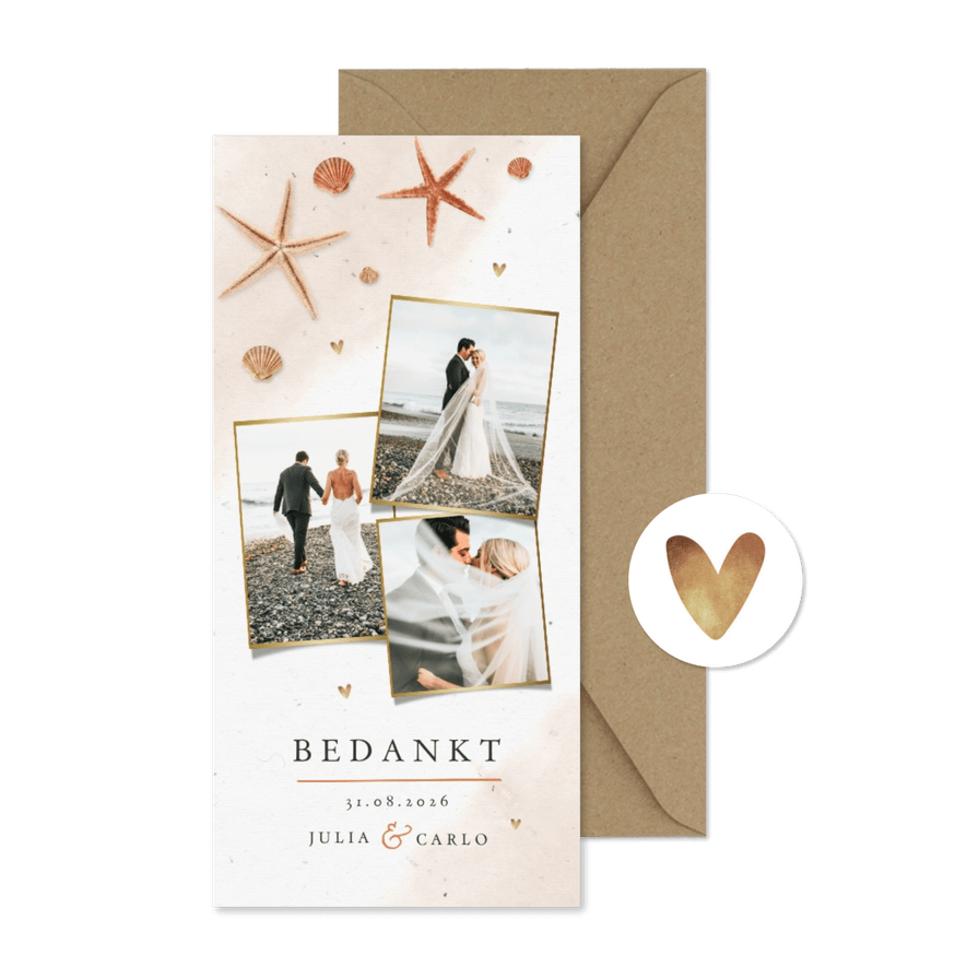 Bedankkaart bruiloft strand schelpen waterverf zeesterren - Kaartimpressie