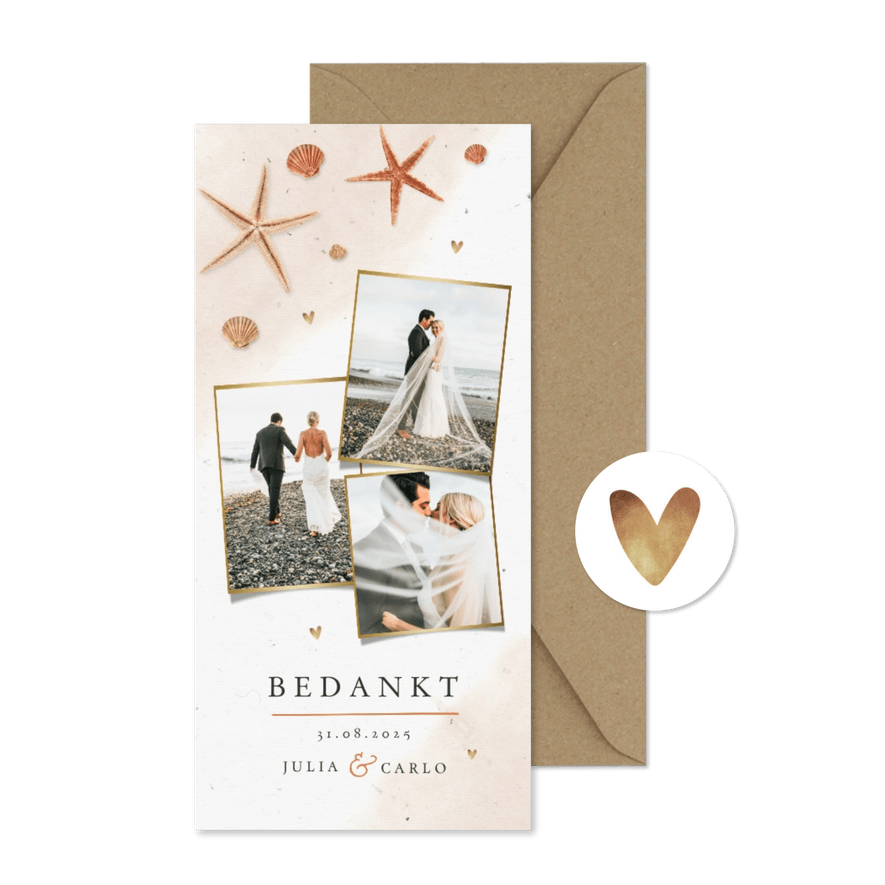Bedankkaart bruiloft strand schelpen waterverf zeesterren - Kaartimpressie