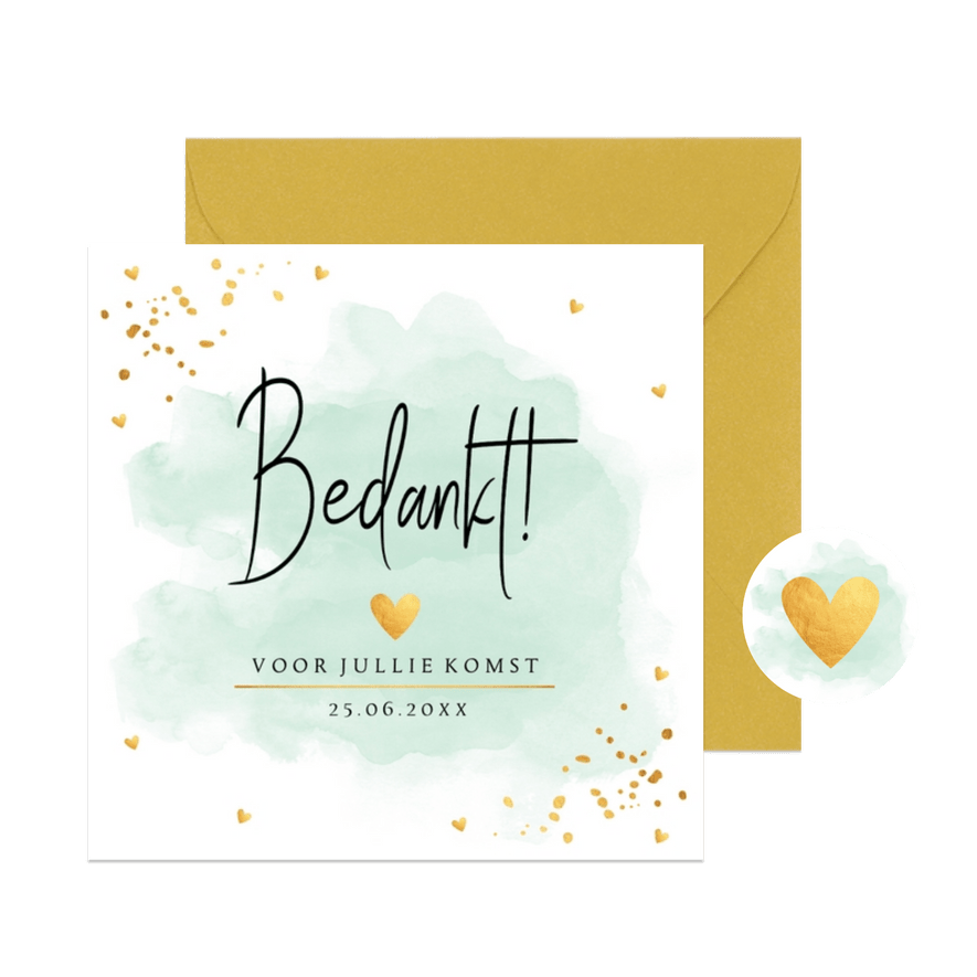 Bedankkaart bruiloft waterverf mintgroen goudlook confetti - Kaartimpressie