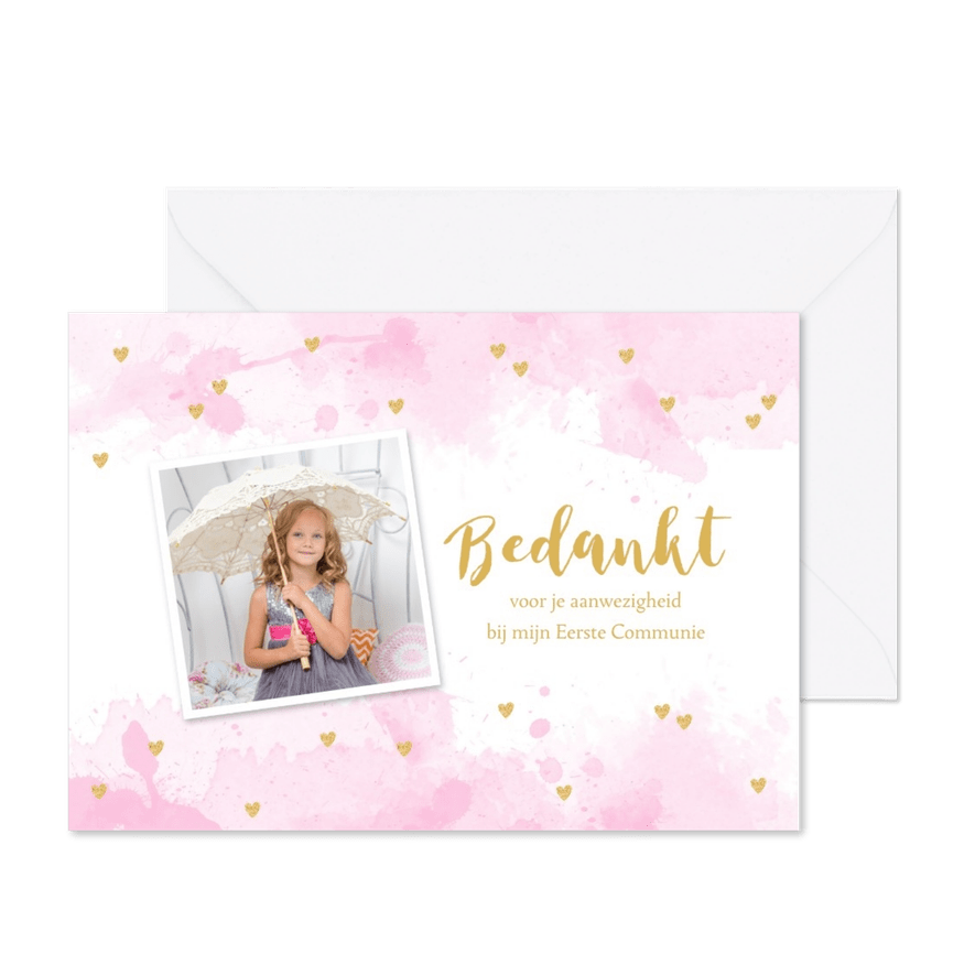 Bedankkaart Communie aquarel hartjes foto - Kaartimpressie