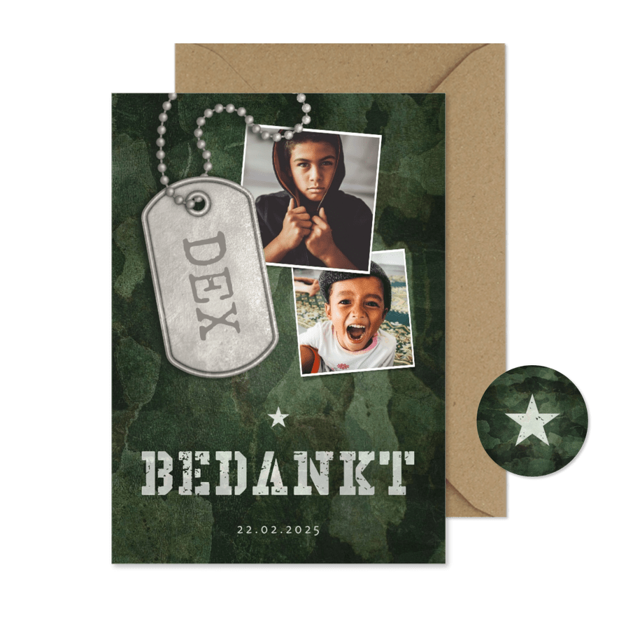 Bedankkaart communie army stoer met fotos en legerplaatje - Kaartimpressie