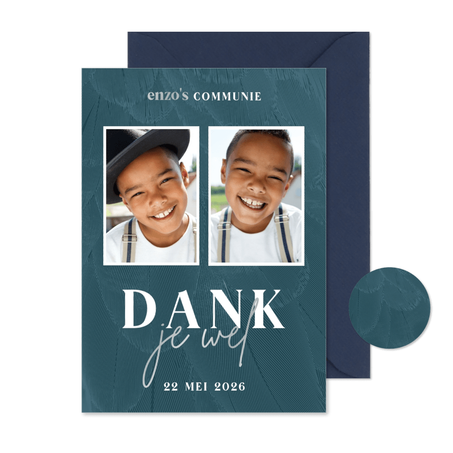 Bedankkaart communie blauw stijlvol met veren  - Kaartimpressie