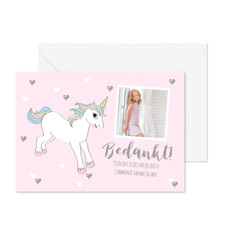 Bedankkaart Communie eenhoorn foto hartjes - Kaartimpressie