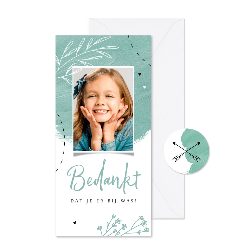 Bedankkaart Communie feest verf bloemen hartjes foto - Kaartimpressie