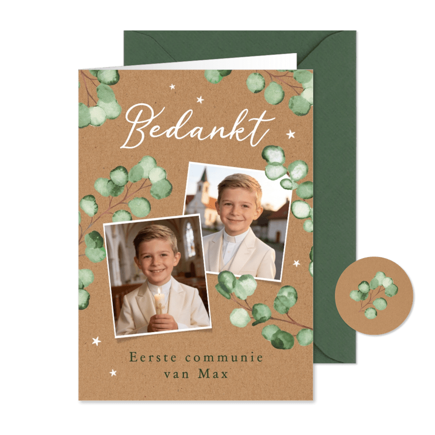 Bedankkaart communie foto kraft eucalyptus natuurlijk - Kaartimpressie