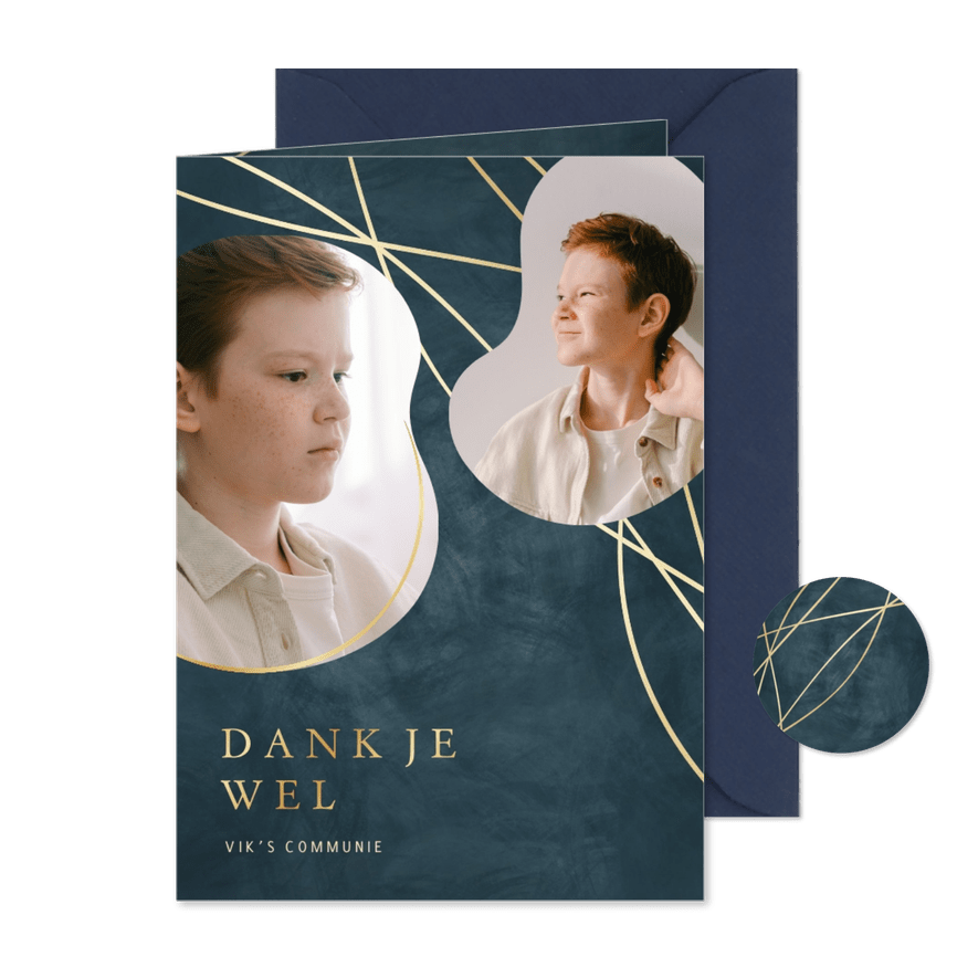Bedankkaart communie goudlook lijnen met 2 foto's in blauw - Kaartimpressie