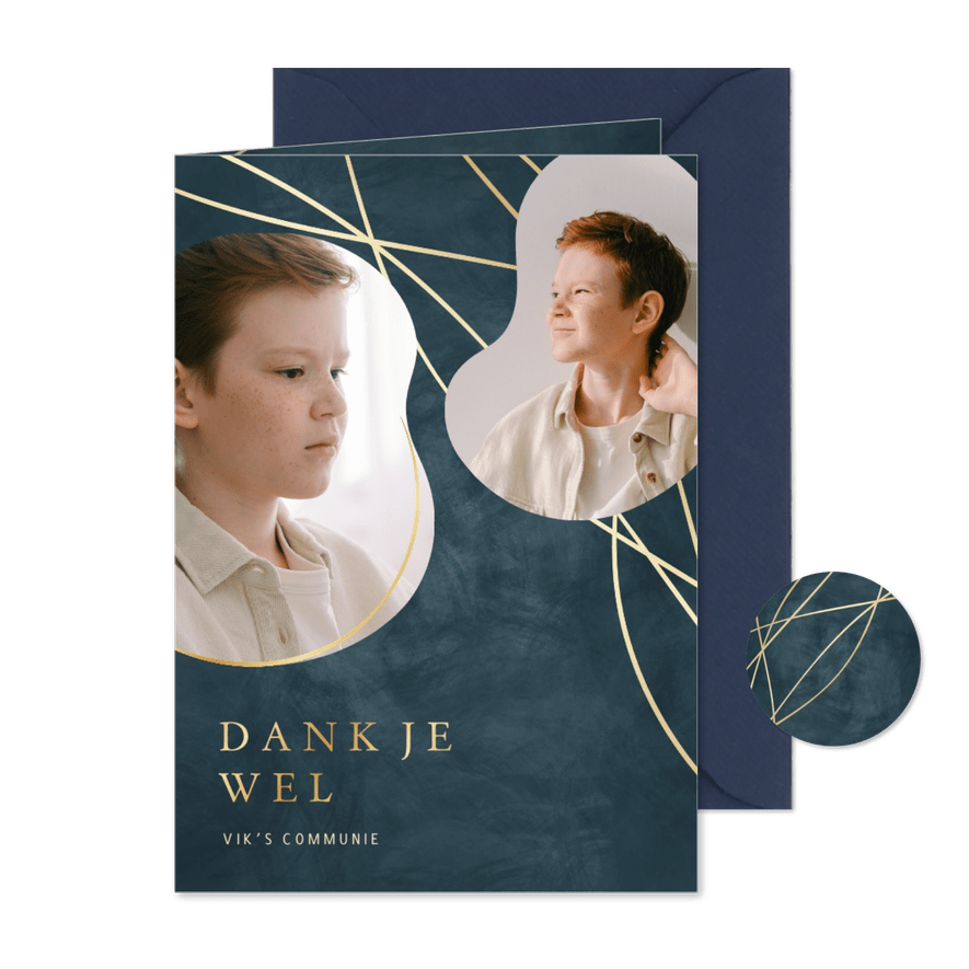 Bedankkaart communie goudlook lijnen met 2 foto's in blauw - Kaartimpressie