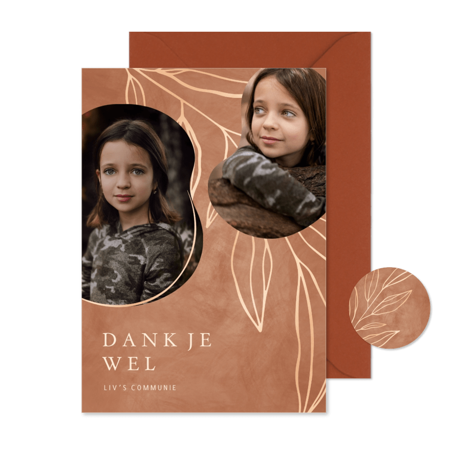 Bedankkaart communie goudlook tak met 2 foto's in aardetint - Kaartimpressie