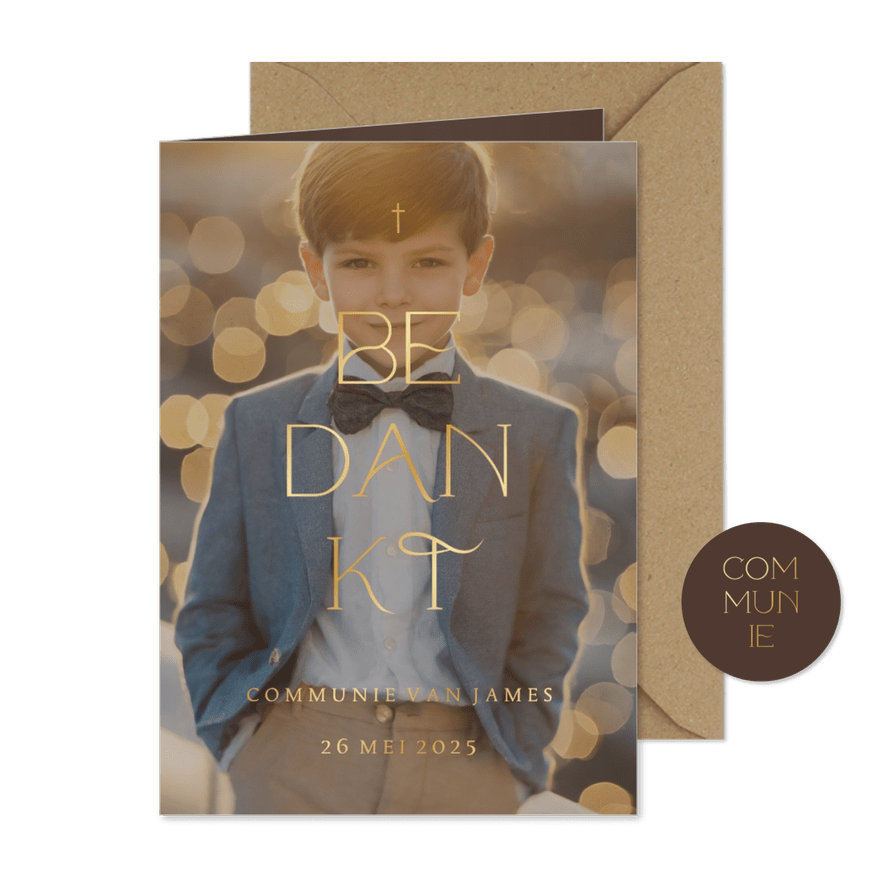 Bedankkaart communie grote foto transparant met goudfolie - Kaartimpressie