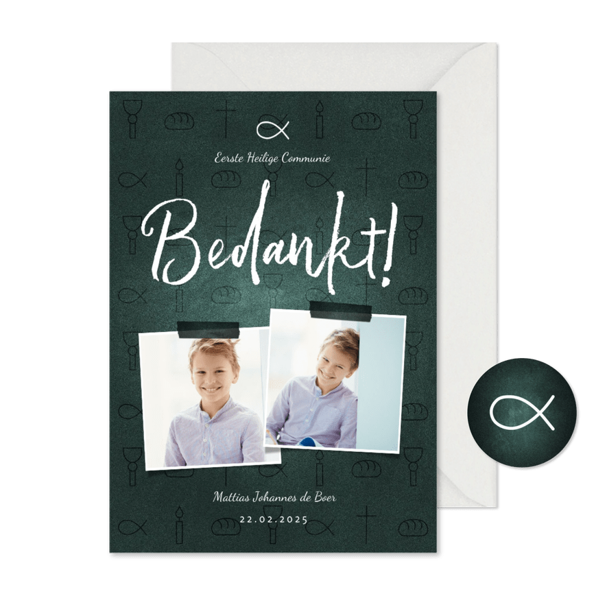 Bedankkaart communie jongen christelijke symbolen met foto's - Kaartimpressie