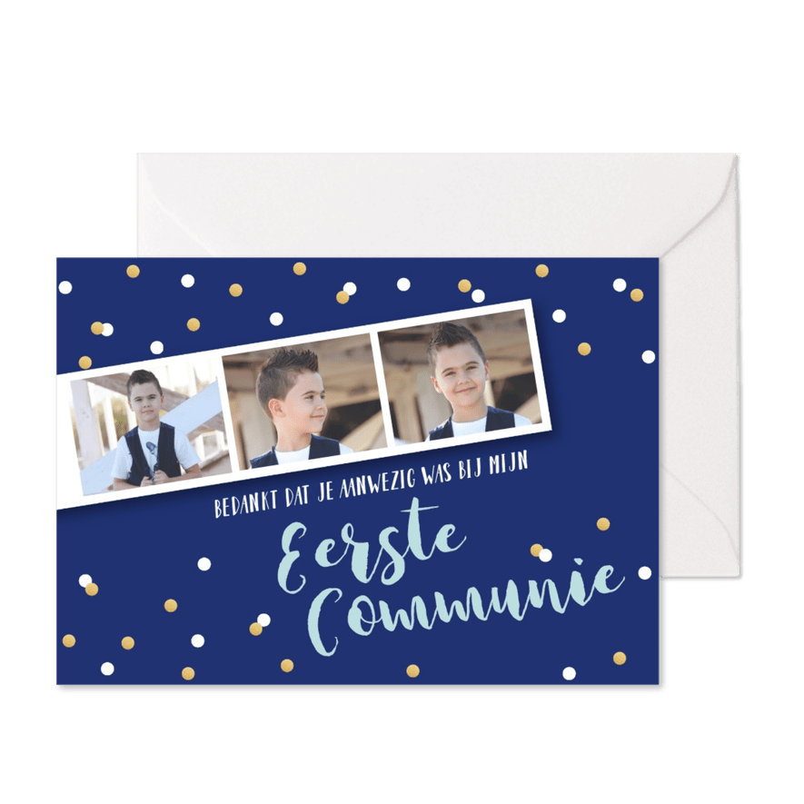 Bedankkaart communie jongen fotostrip confetti - Kaartimpressie