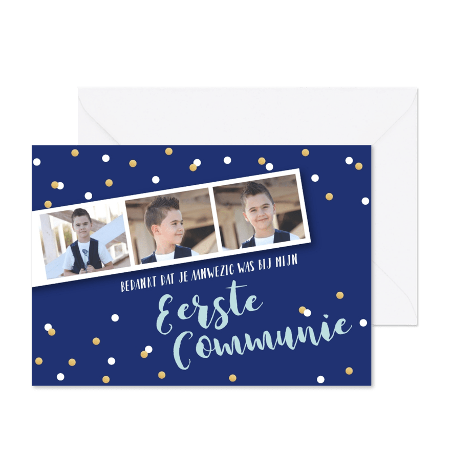 Bedankkaart communie jongen fotostrip confetti - Kaartimpressie