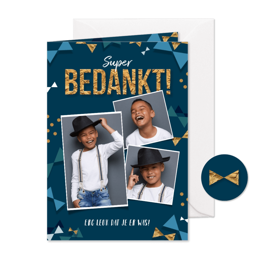 Bedankkaart communie jongen goud confetti strikjes foto - Kaartimpressie