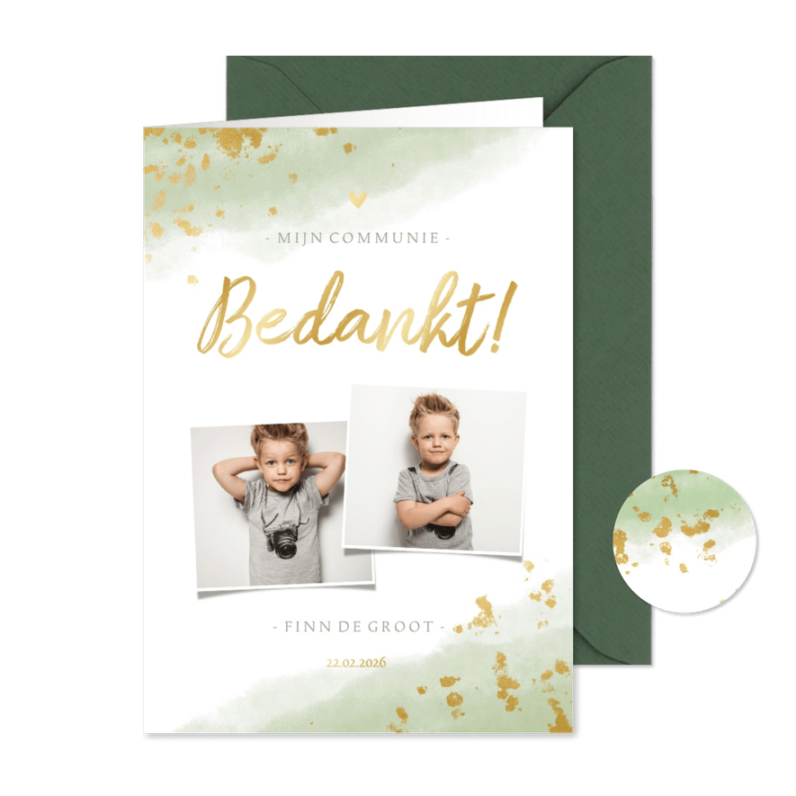 Bedankkaart communie jongen met waterverf en gouden spetters - Kaartimpressie