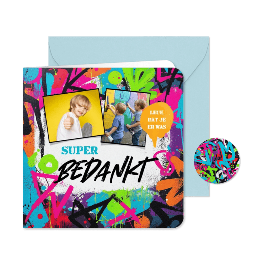 Bedankkaart communie lentefeest graffiti stoer kleurrijk - Kaartimpressie