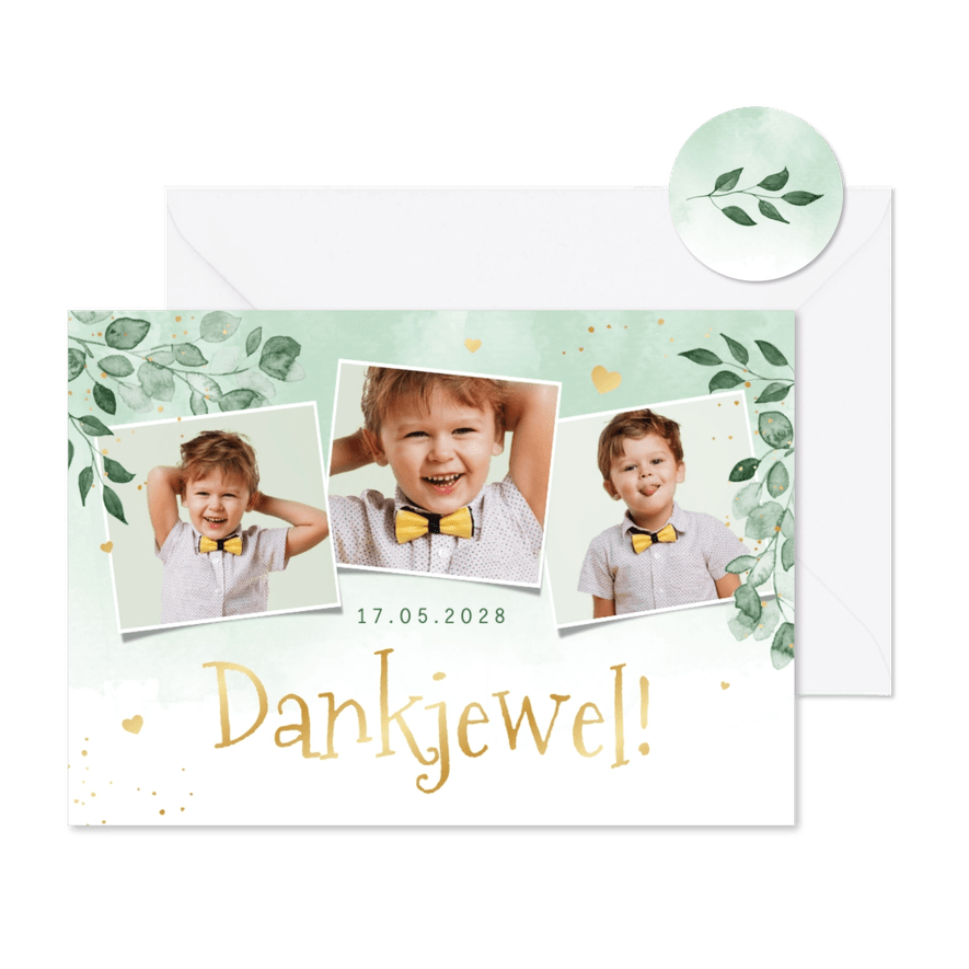 Bedankkaart communie lentefeest waterverf foto goud hartjes - Kaartimpressie