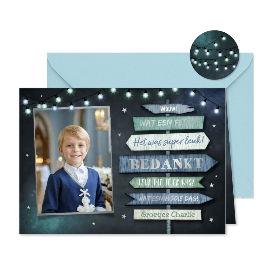 Bedankkaart communie lentefeest wegwijzers foto lampjes - Kaartimpressie