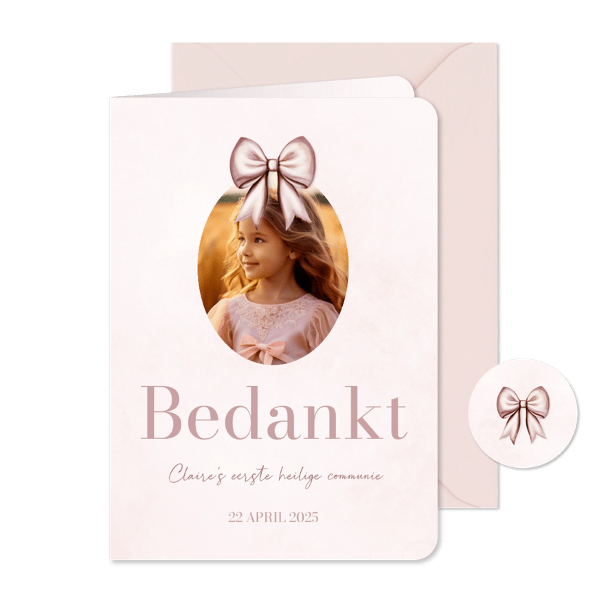 Bedankkaart communie lief met roze strik waterverf - Kaartimpressie