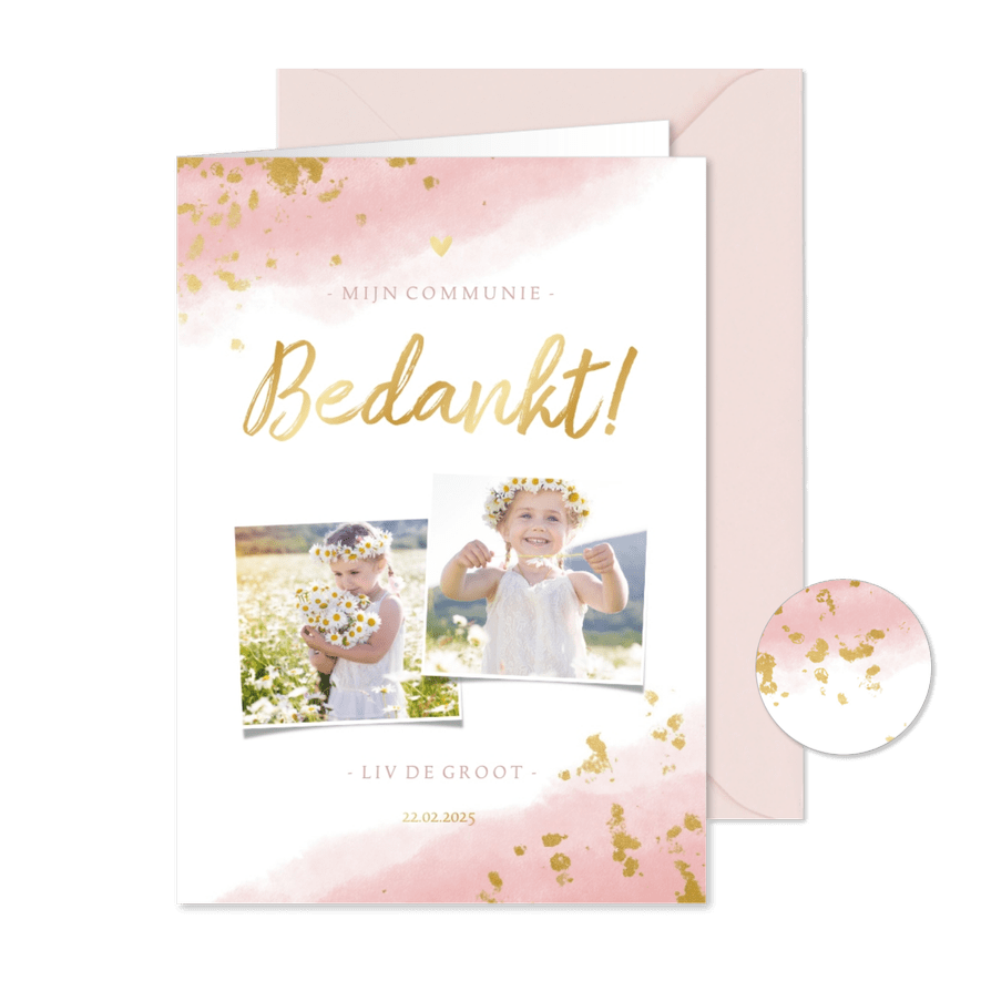 Bedankkaart communie meisje met waterverf en gouden spetters - Kaartimpressie