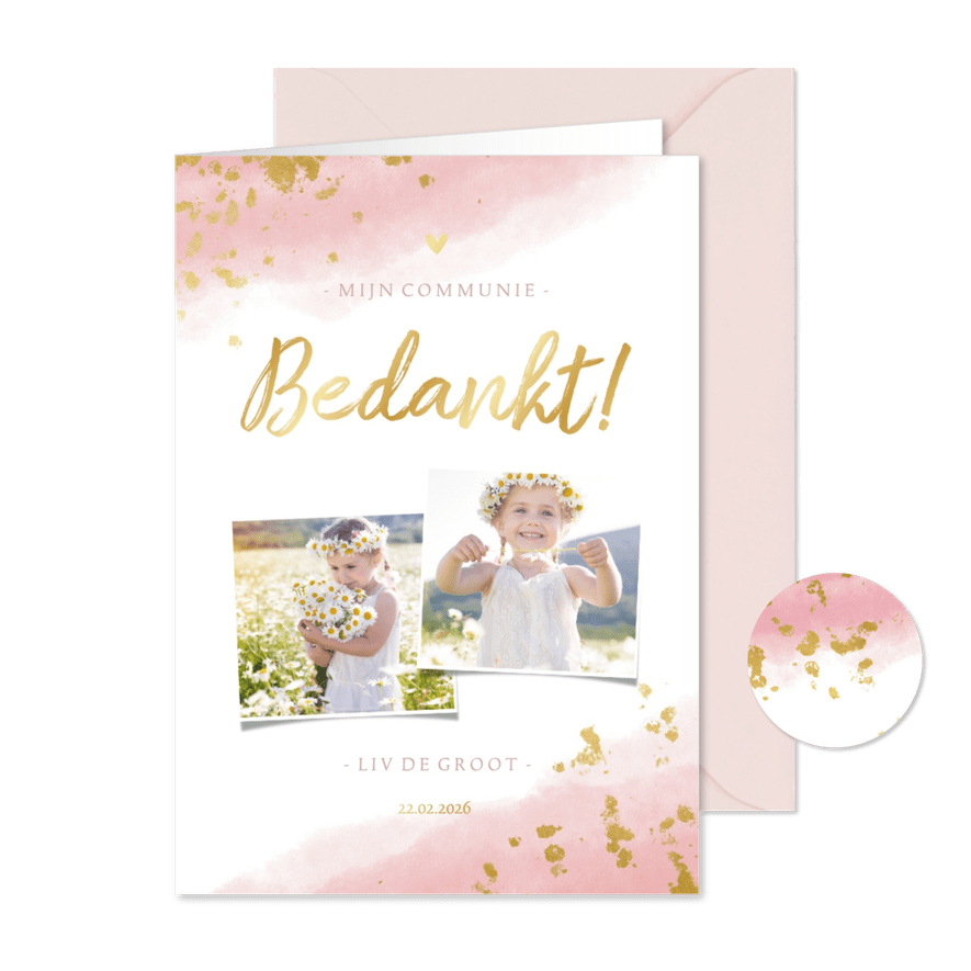 Bedankkaart communie meisje met waterverf en gouden spetters - Kaartimpressie