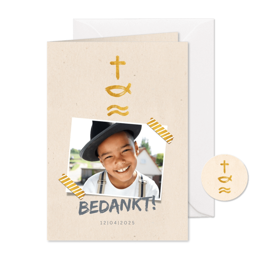 Bedankkaart communie met foto en christelijke symbolen - Kaartimpressie