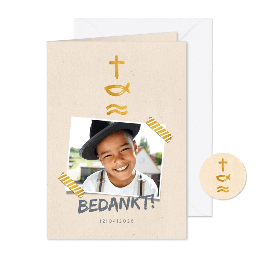 Bedankkaart communie met foto en christelijke symbolen - Kaartimpressie