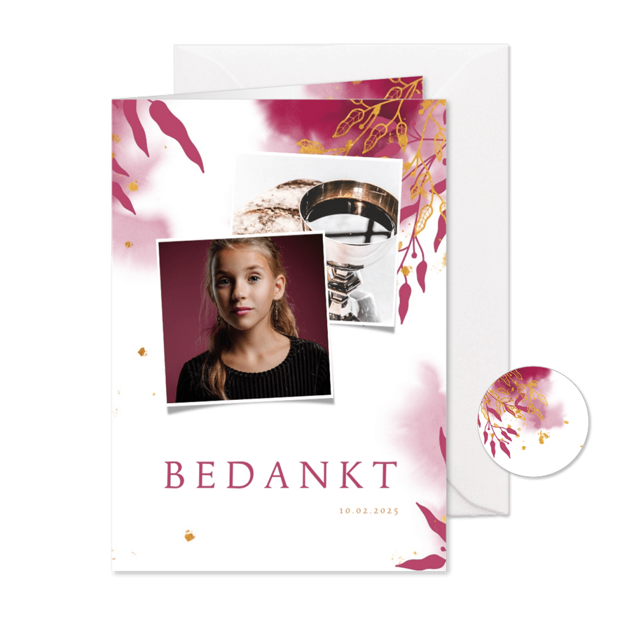 Bedankkaart communie met gouden bladeren en roze waterverf - Kaartimpressie