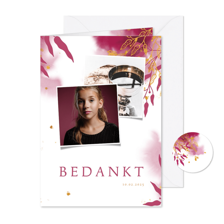 Bedankkaart communie met gouden bladeren en roze waterverf - Kaartimpressie