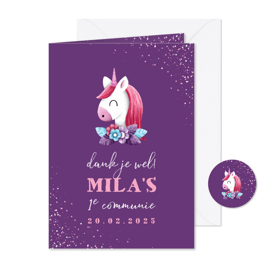 Bedankkaart communie met unicorn en confetti - Kaartimpressie